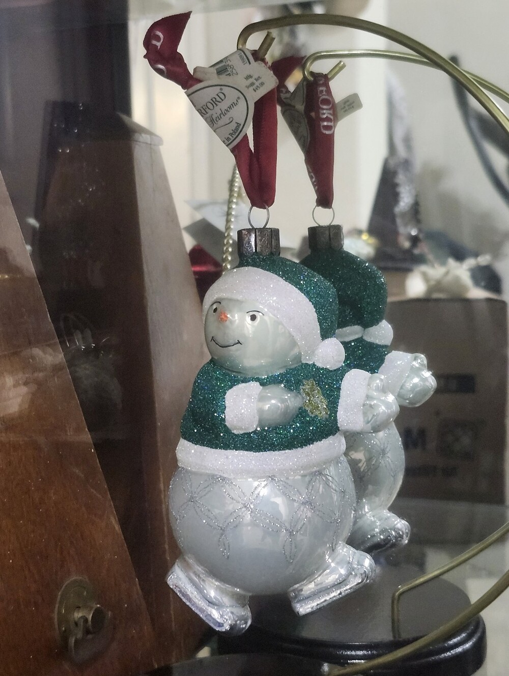 Waterford Green and Silver Glitter Snowman Ornament Glitter Hand BLOWN glass